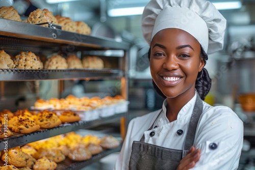 A cheerful woman in a chef's uniform expertly prepares and serves delicious baked goods in her bustling bakery shop, her warm smile welcoming customers to indulge in her mouthwatering pastries and do photo