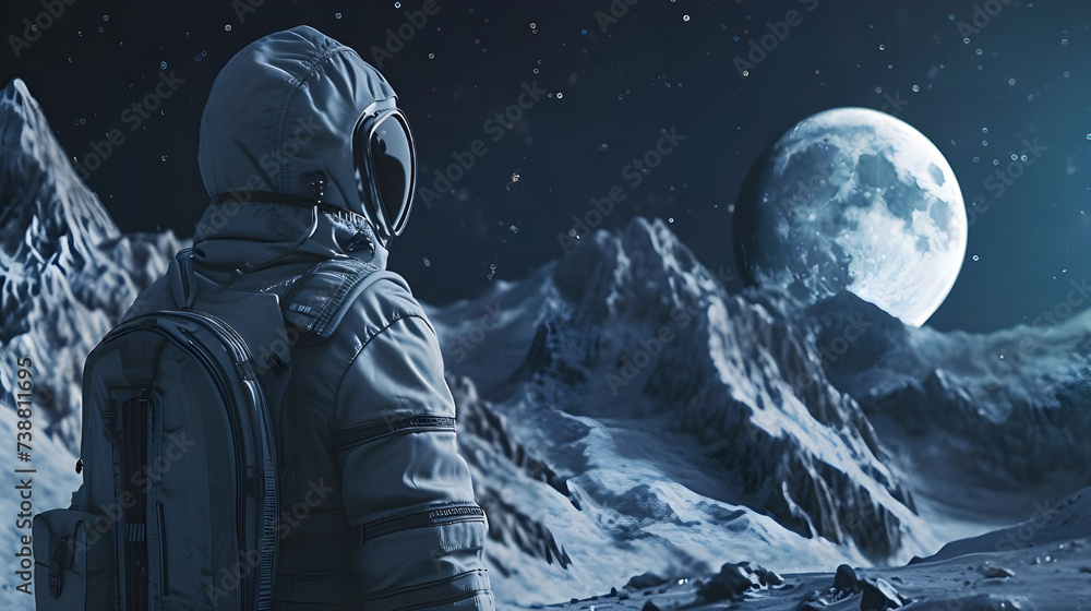 Female Astronaut Looking towards mountain majestic night scene - Ai Generated Female Astronaut Looking towards mountain majestic night scene - Ai Generated