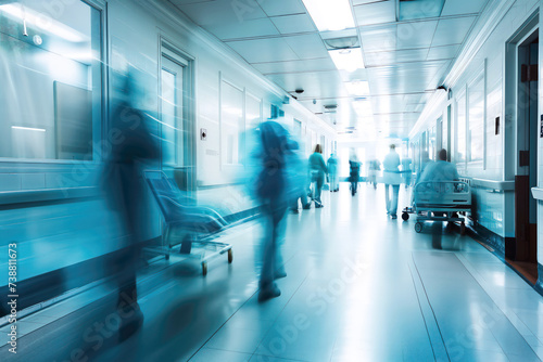 Long exposure shot of a hospital corridor with blurred doctors and nurses in blue tones