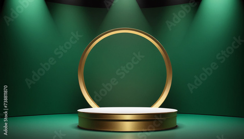 Abstract geometric shape dark green color minimalistic scene with podium, vase and gold flowers. Design for cosmetic or product identity and packaging display background. 3d render Generative AI