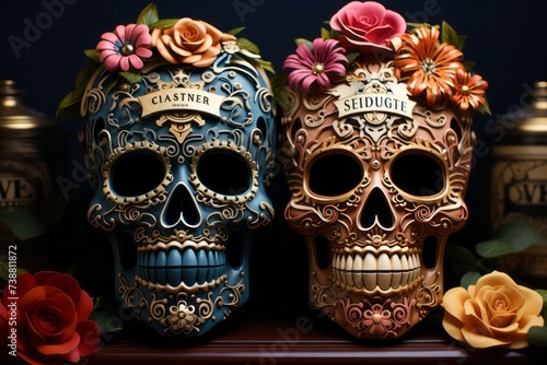 two sugar skulls with flowers on them are sitting on a shelf