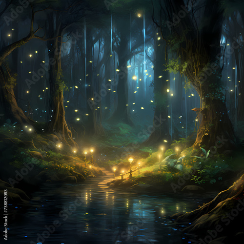 Mystical forest with glowing fireflies.