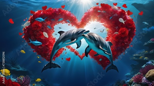 Create a heartwarming scene where two beautiful dolphins carry valentine shaped hearts in their mouths in a deep blue romantic underwater setting surrounded by red valentine hearts  yellow flowers