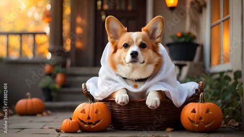 Adorable corgi dog relaxing outside by a pumpkin basket dressed as a ghost for Halloween. © Qazi Sanawer