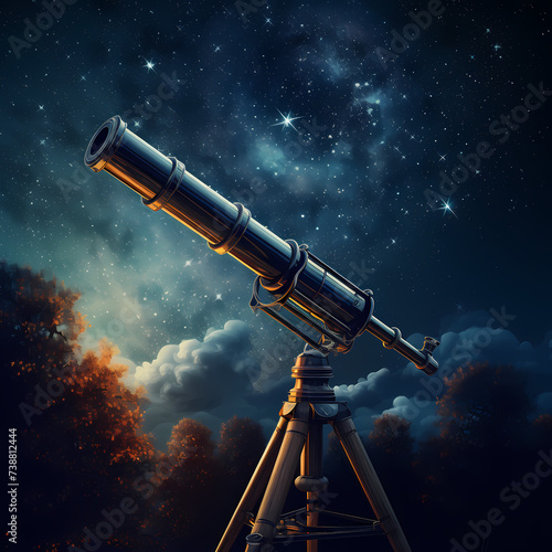 Old-fashioned telescope pointed at the stars. 
