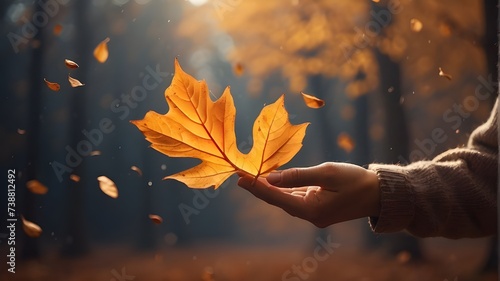 Autumnal park, vibrant, multicolored leaves swaying in a tree. Fall background, beautiful autumn background, a person letting go and accepting changes by releasing an autumn leaf into the wind, 