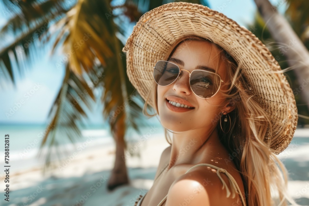 Happy Woman Enjoying Tropical Beach Vacation, Summer Concept