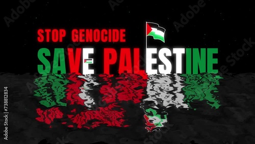 Stop Genocide Save Palestine Flag Text Intro and Outro motion graphic template with ocean wave and black stars burst particle background. 4k Stop Genocide Save Palestine 2d animation.