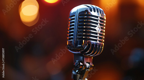 Classic silver microphone with a warm bokeh background suggesting a musical performance or audio recording setting.