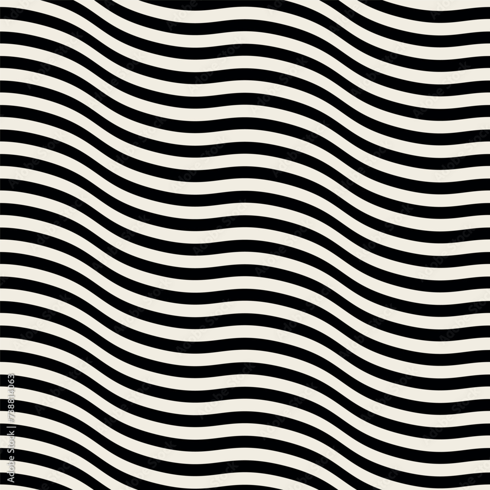 Vector seamless pattern. Abstract op art texture with thin monochrome wavy stripes. Creative background with distorted lines. Decorative black and white striped design. Vector seamless pattern. Abstract op art texture with thin monochrome wavy stripes. Creative background with distorted lines. Decorative black and white striped design.