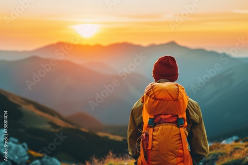 Solo Traveler Enjoying Mountain Sunset, Adventure Concept
