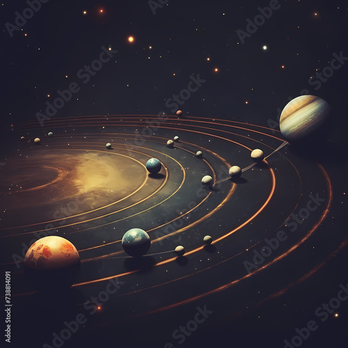 Solar system with planets in alignment.