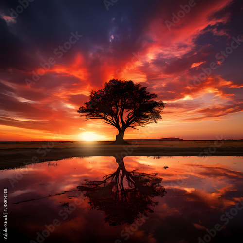 Silhouette of a lone tree against a dramatic sunset