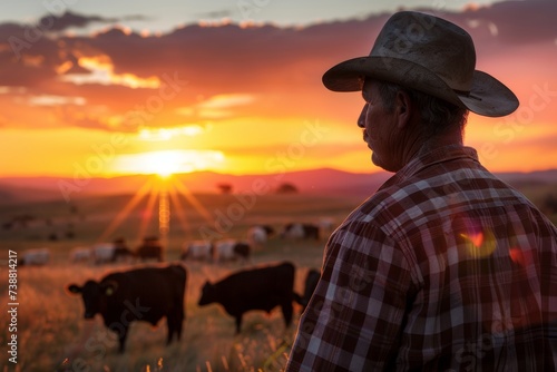 Man Standing in Field Observing Cows at Sunset. Generative AI
