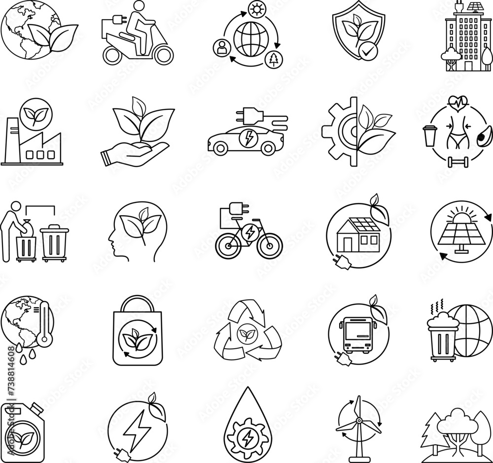 Ecology Icons Set. Vector Icons of Eco-technology, Environmental Protection, Nature Conservation, Industrial Ecology, Ecological City, Climate Change, Global Warming, Renewable Energy and Others