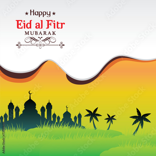 Happy eid al fitr with mosque and mountains background creative 