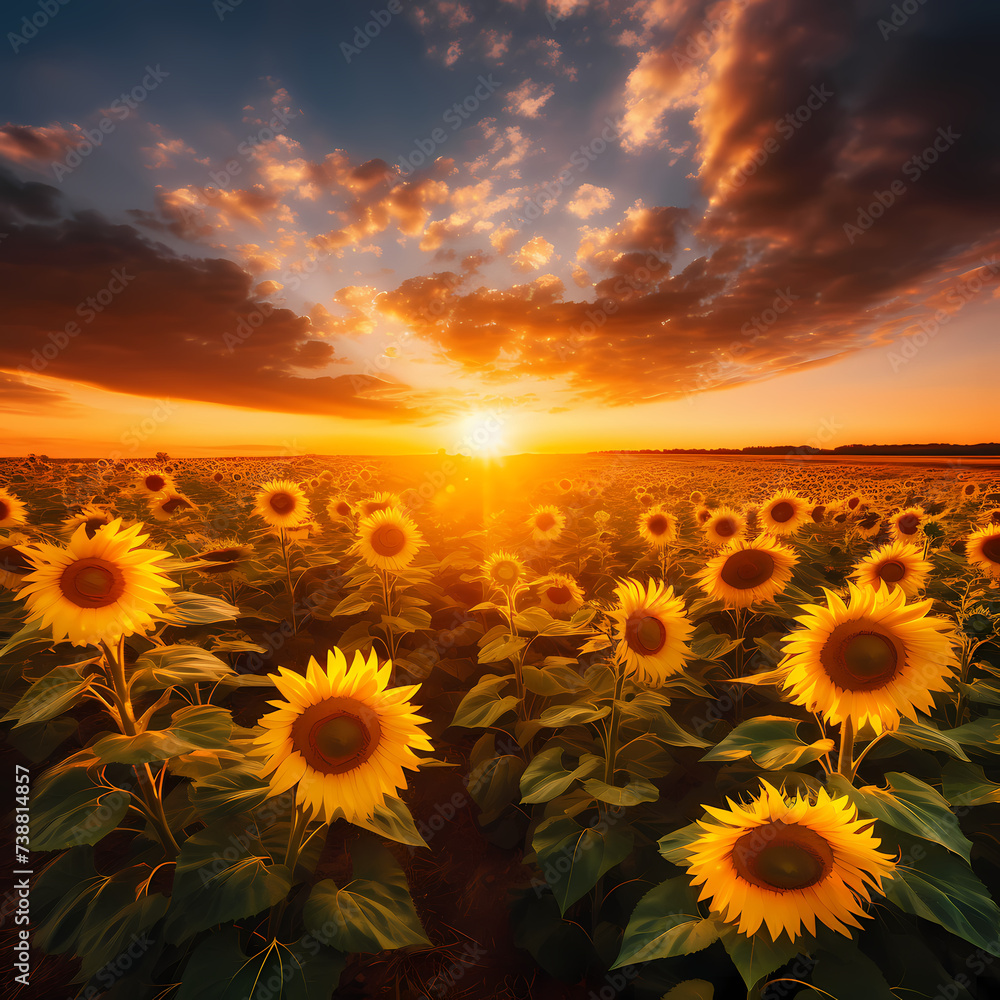 Sunflowers in a golden field at sunrise.
