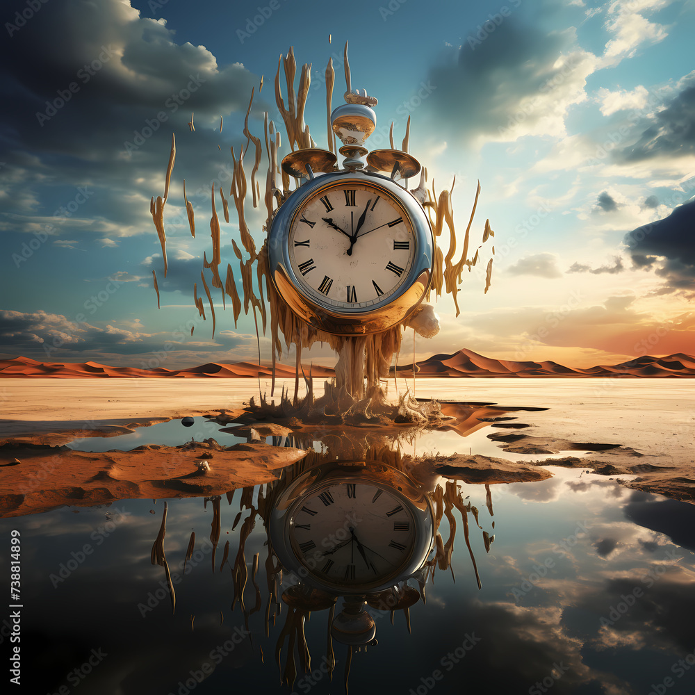 Surreal melting clock in a desert landscape. Stock Illustration | Adobe ...