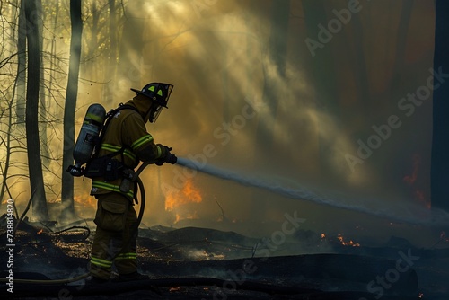 a firefighter spraying water on a forest fire © VSTOCK