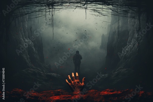 a hand is reaching out from the ground in a dark cave photo