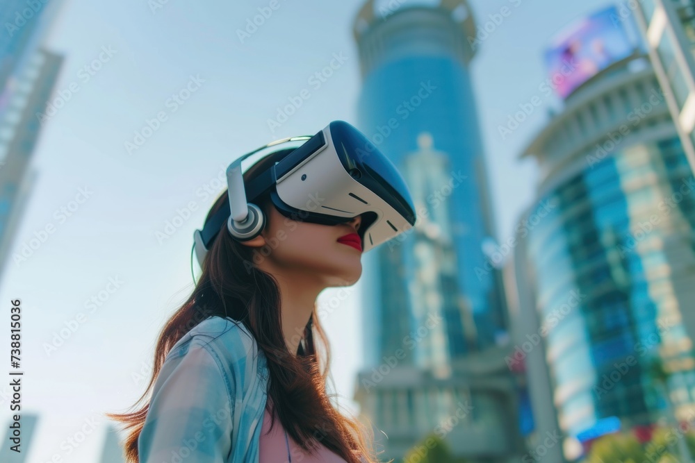 Bottom view of a teenage girl wearing virtual reality headset and skyscrapers of a futuristic daytime city Bottom view of a teenage girl wearing virtual reality headset and skyscrapers of a futuristic daytime city