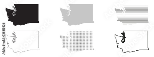 Washington State Map Black. Washington map silhouette isolated on transparent background. Vector Illustration. Variants.