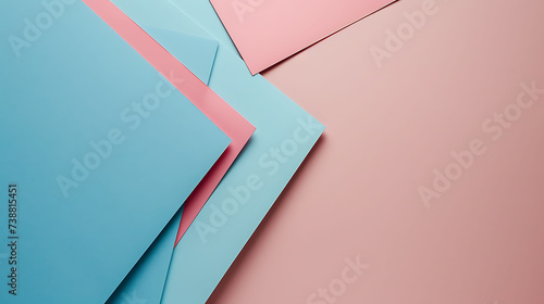 Blue envelopes with pink ribbon on a pastel pink background. Flat lay composition with geometric design. Suitable for design in stationery, invitation, and minimalistic art themes
