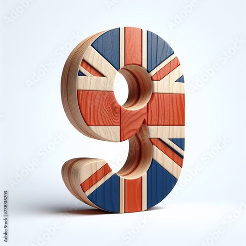 9 digit United Kingdom letters shape 3D wooden Lettering Typeface. AI generated illustration