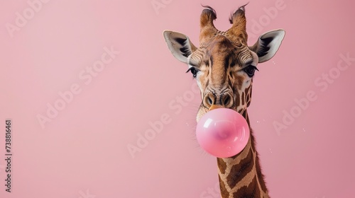 Giraffe Blowing a Bubble Gum on Pink Background photo