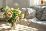 Cozy Living Room Interior with Flowers on Wooden Table and Grey Settee