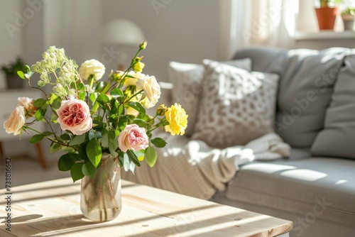 Cozy Living Room Interior with Flowers on Wooden Table and Grey Settee © AIGen
