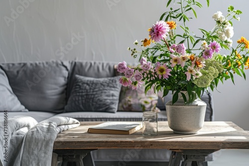 Vintage Living Room Interior with Flowers on Wooden Table and Grey Settee.