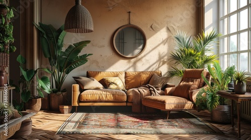 Boho Chic Living Room Interior Design with Cozy Furnishings and Earthy Tones