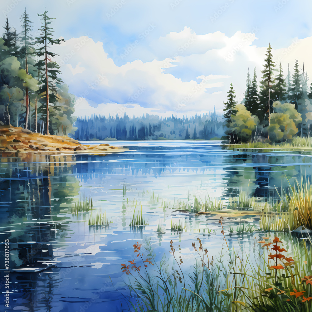 Watercolor painting of a serene lake.