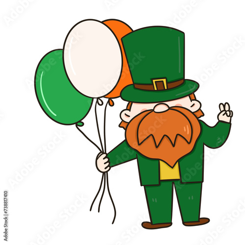 Leprechaun celebrating St Patrick's Day with Irish charm, wearing a green hat, surrounded by clovers, gold, and a festive at mosphere in a charming cartoon illustration with balloon photo