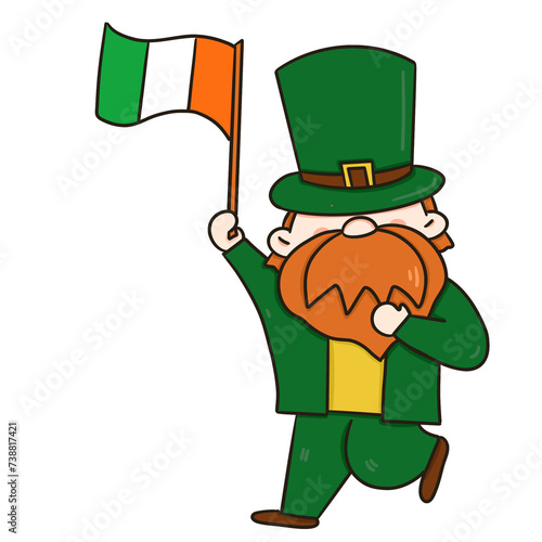 Leprechaun celebrating St Patrick's Day with Irish charm, wearing a green hat, surrounded by clovers, gold, and a festive at mosphere in a charming cartoon illustration with Irish flag photo