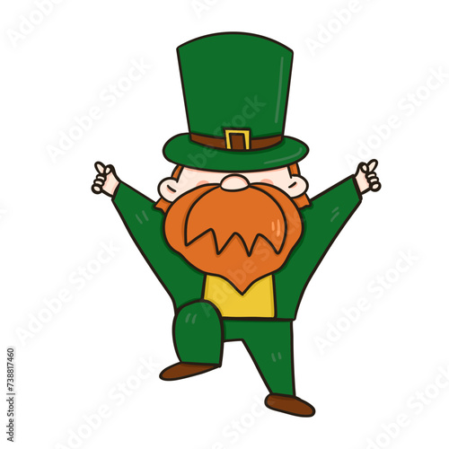 Leprechaun celebrating St Patrick's Day in a green hat with Irish symbols, clover, and gold, depicted in a festive cartoon illustration