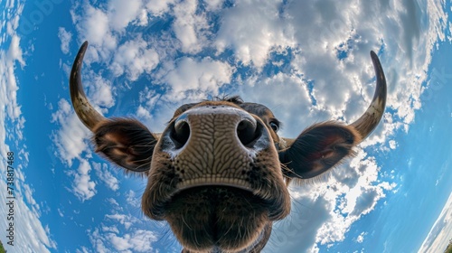 Bottom view of a cow against the sky. An unusual look at animals.  photo