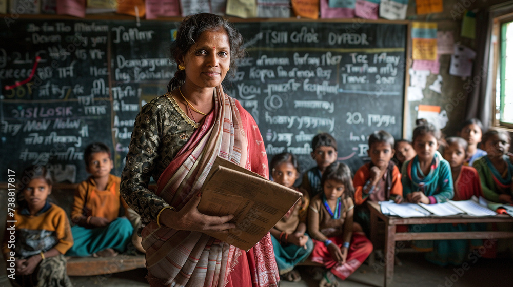 Indian woman volunteer is teaching in remote schools. A female adult teacher is carrying a book and standing in classroom, with several pupils is sitting. Generative AI Indian woman volunteer is teaching in remote schools. A female adult teacher is carrying a book and standing in classroom, with several pupils is sitting. Generative AI