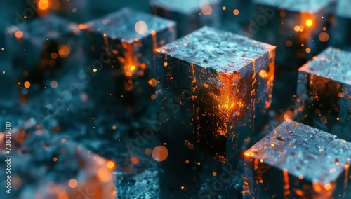 3d cubes with lights with a blue background, in the style of light bronze and orange, tilt shift, complex layers and textures