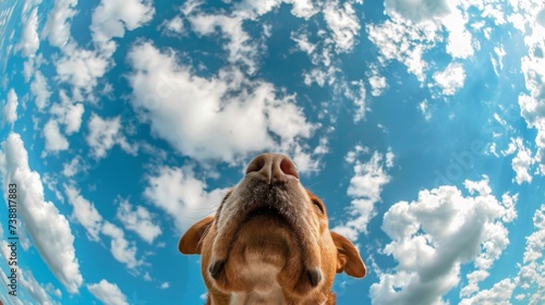 Bottom view of a dog against the sky. An unusual look at animals. 