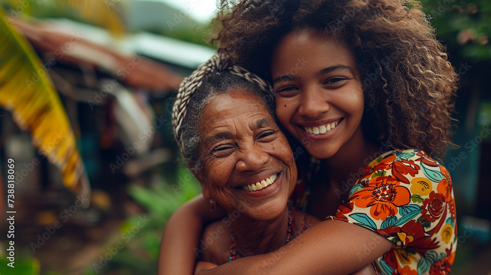 African young women hugging her mother. Daughter and mother are happy and hugging in the yard. Generative AI African young women hugging her mother. Daughter and mother are happy and hugging in the yard. Generative AI