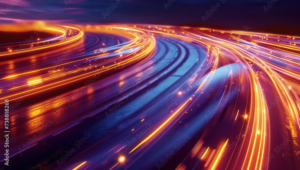 orange light road, in the style of dark azure and purple, sparkles, lively and energetic, dark cyan and light black orange light road, in the style of dark azure and purple, sparkles, lively and energetic, dark cyan and light black