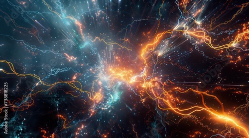 3d rendering of a world full of lights and bright electrical wires, in the style of dark cyan and orange, intertwined networks photo