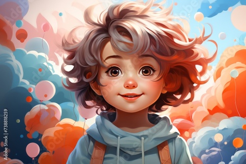 a painting of a little girl with balloons in the background