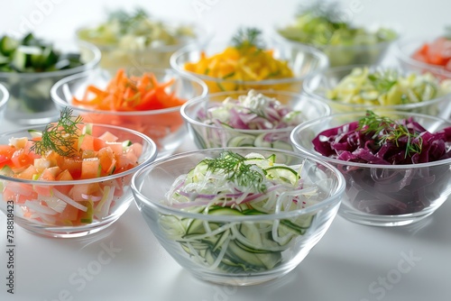 a bowl showing various salads in a table setting, in the style of transparency and opacity