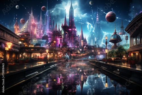 a futuristic city with a lot of buildings and a river in the foreground