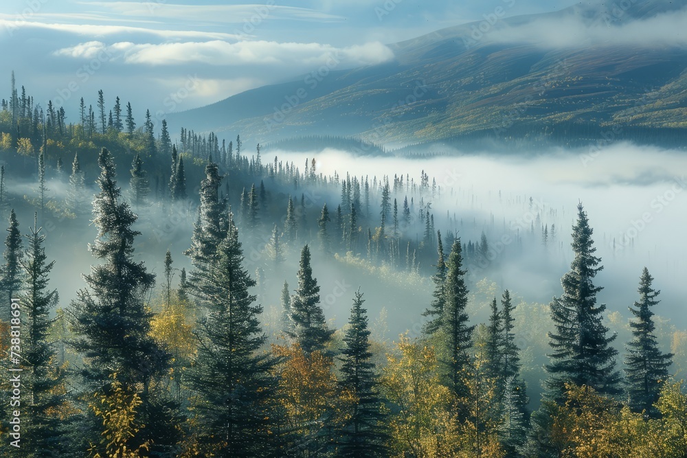 Misty landscape of fir forest in Canada