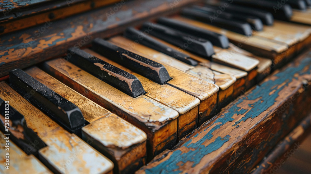 Close-up of a vintage piano keyboard showcases the wear and patina on the keys.