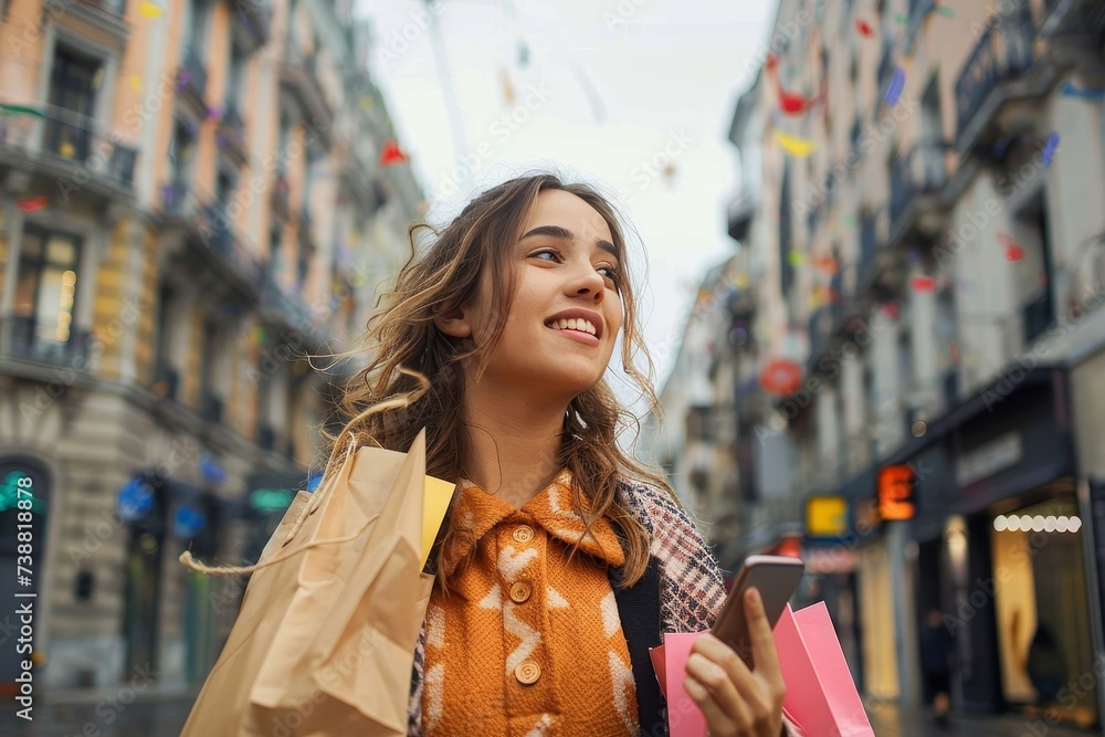 A fashionable woman exudes confidence and joy as she navigates the bustling city streets, adorned in a stylish dress and clutching her shopping bags with a smile on her face